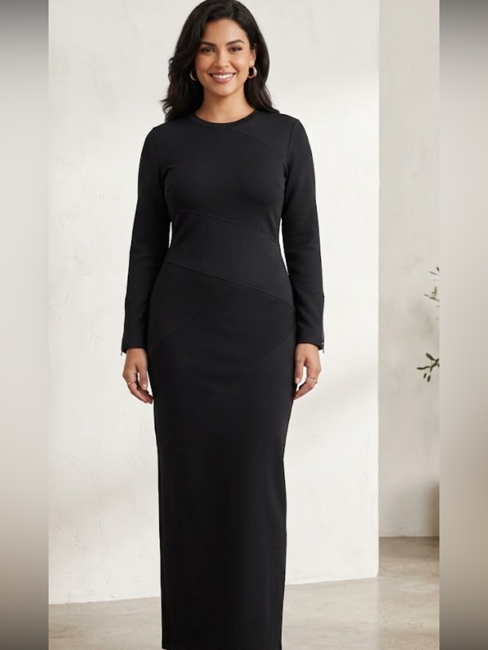 ME+EM Mixed Media Long Sleeve Maxi Dress Black Velvet | Size 10